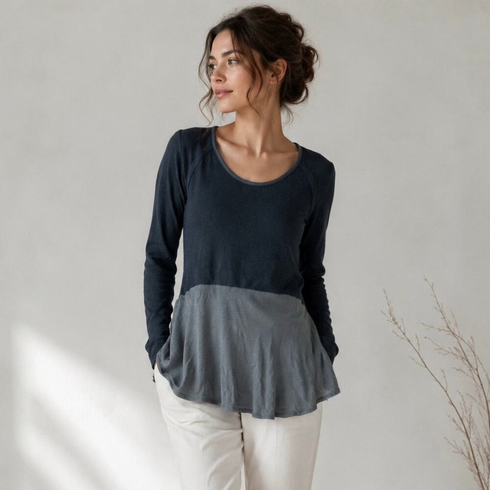 Indigenous Color Block Peplum Tunic Top Gray Long Sleeve Minimalist Boho Size XS